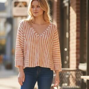 Soft Surroundings Striped V-Neck Top Womens Large Coral Reef Orange Casual